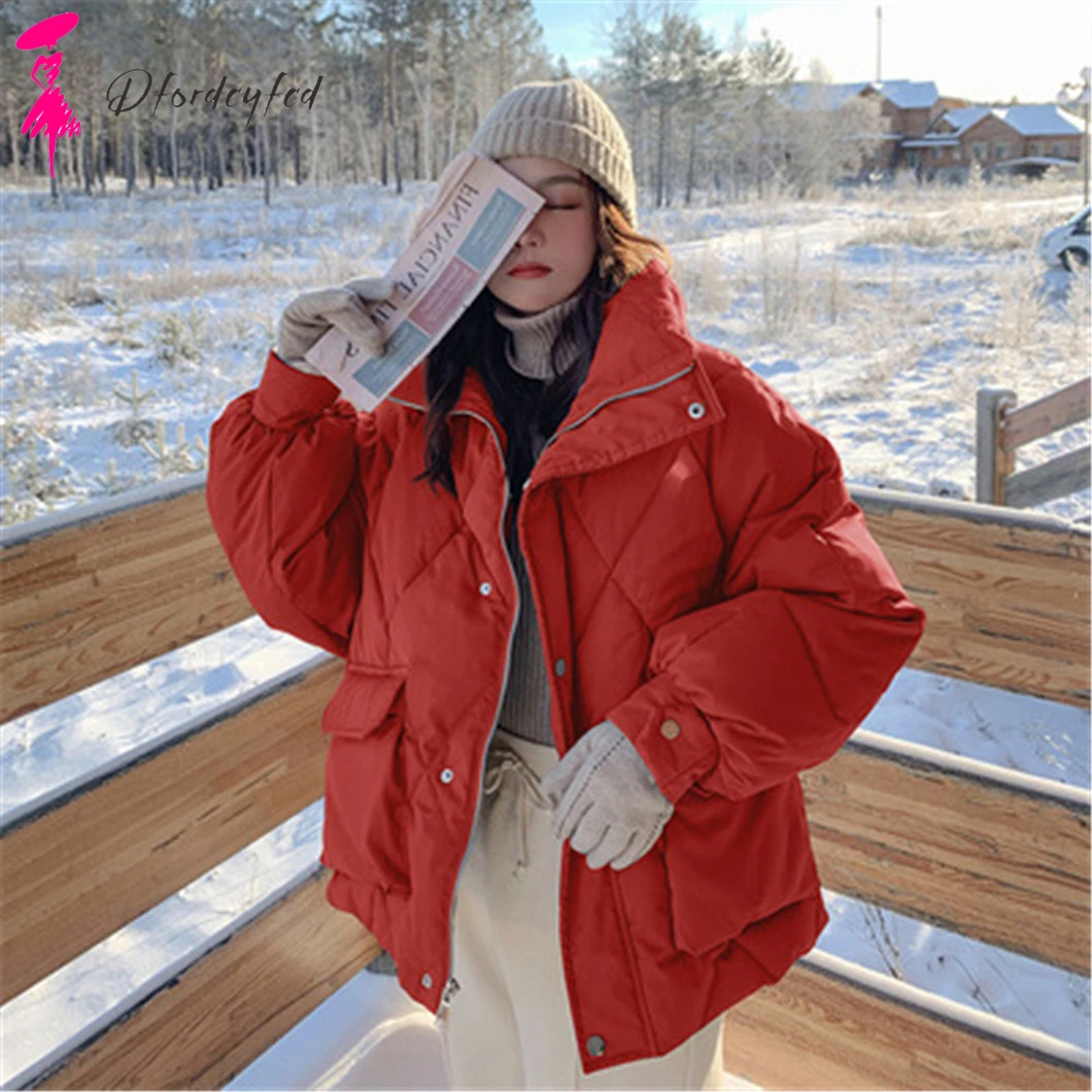 

2021 New Autumn Winter Parkas Women Clothes High Quality Red Down Cotton Jacket Women Short Fashion Coat Bread Suit Lingge Z634