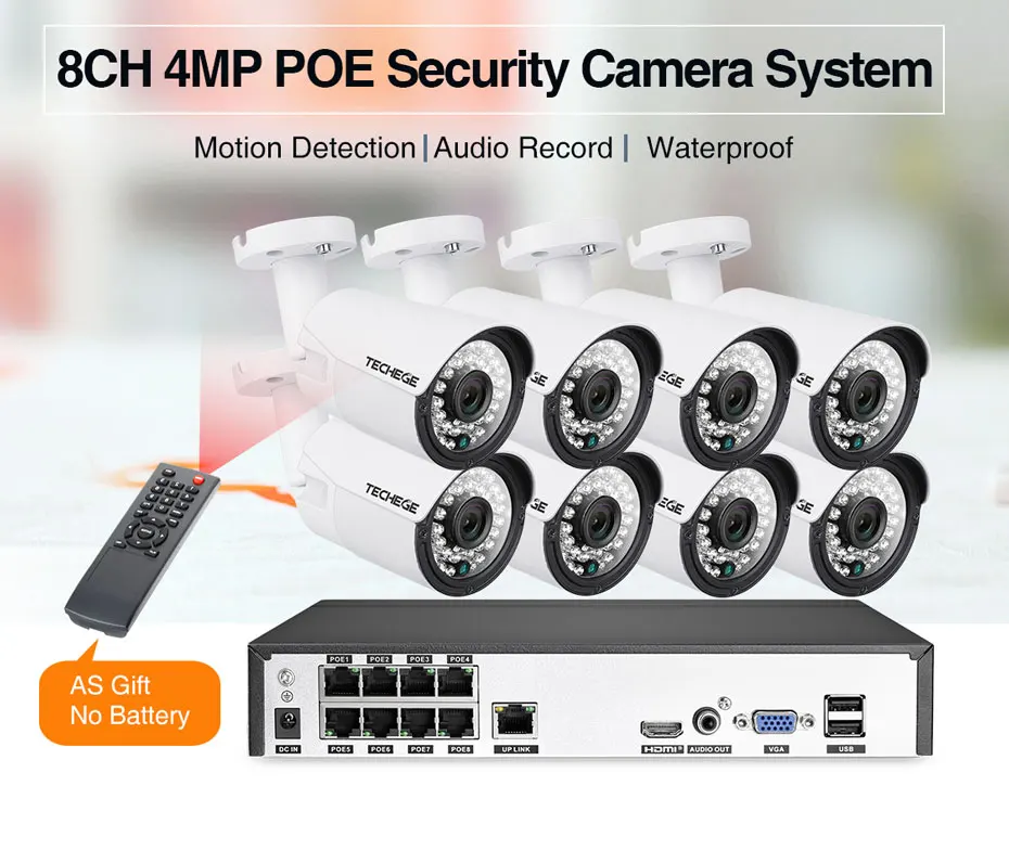 Techege H.265 8CH 4MP Аудио CCTV камера системы наружного водонепроницаемого наблюдения NVR комплект PoE камеры безопасности комплект обнаружения движения