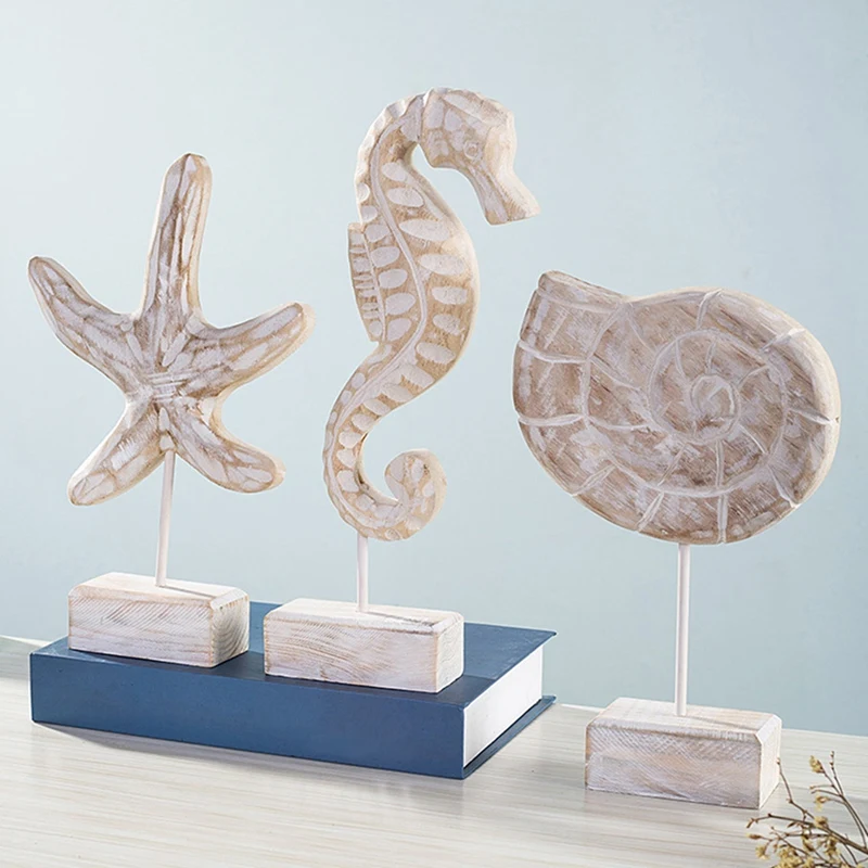 

3PCS Mediterranean Style Starfish Conch Hippocampus Wood Carving Marine Decor Wood Crafts Home Decoration Decoracion
