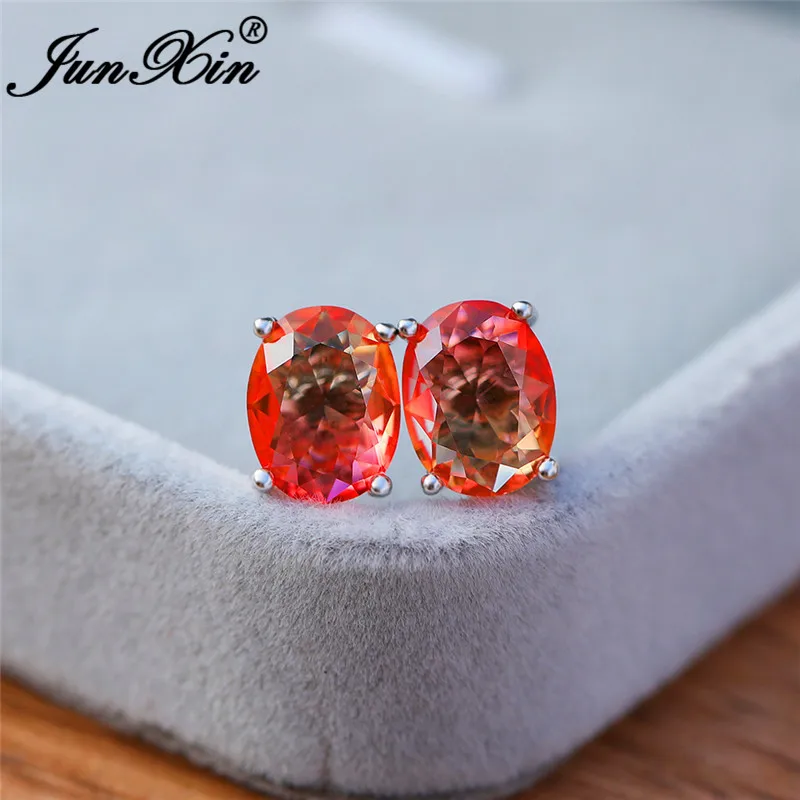 Oval Pink Yellow Мистик огненный Кристалл Камень круглые серьги гвоздики для женщин 925 Серебряный Цвет Радуга синий красный зеленый циркон двойные серьги для свадьбы - Окраска металла: Oval Pink Yellow