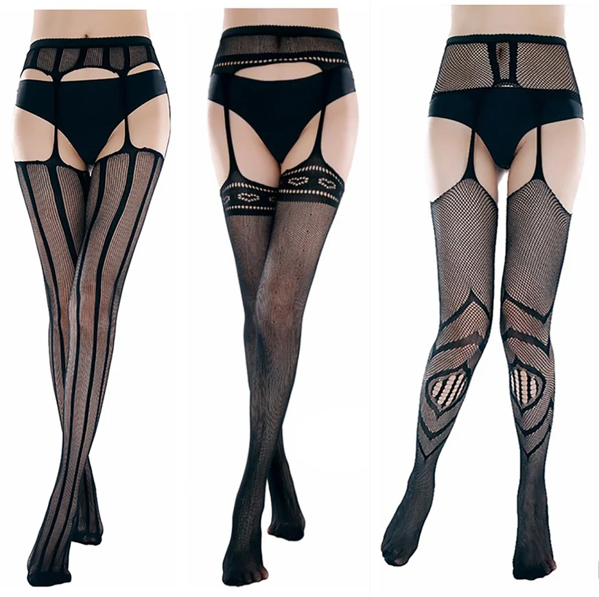 3 шт./лот Женские полосатые эластичные прозрачные черные ажурные чулки с вышивкой