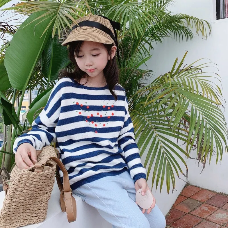 

kids sweater autumn winter blue striped little cherry embroidery sweater loose long-sleeved knitted pullover