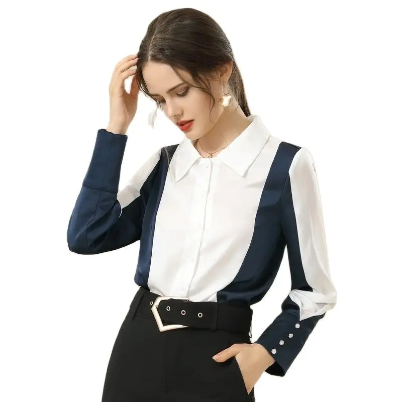 

2021 spring new Korean fashion professional color contrast top temperament commuters single breasted acetic shirt chiffon blouse