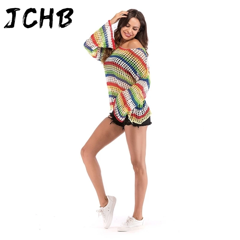 

Women 2021 Rainbow Stripe Thin Knit Pullover Top Autumn Flare Sleeve O-Neck Casual T Shirt Loose Thin Hollow-out Tee Shirt Smock