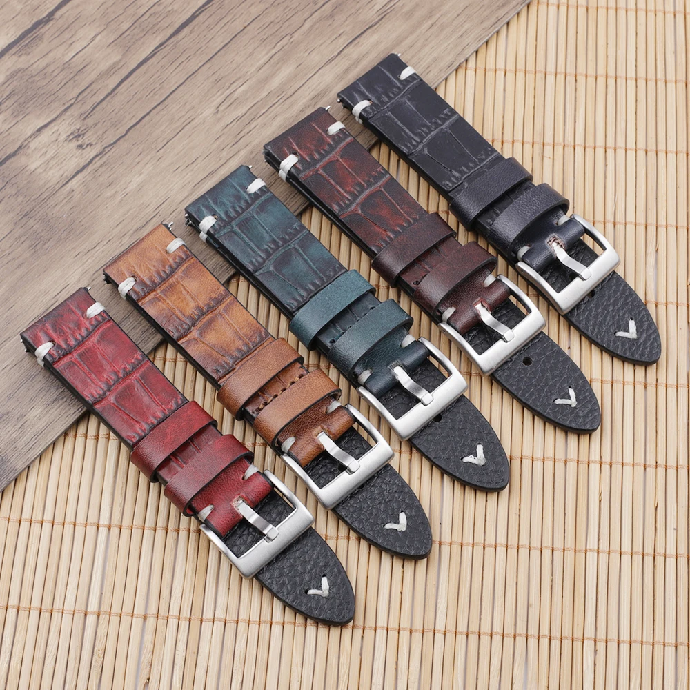 Genuine Leather Watchband 18mm 20mm 22mm 24mm Vintage Personality Crocodile Texture Watch Strap Bracelet for Women Men