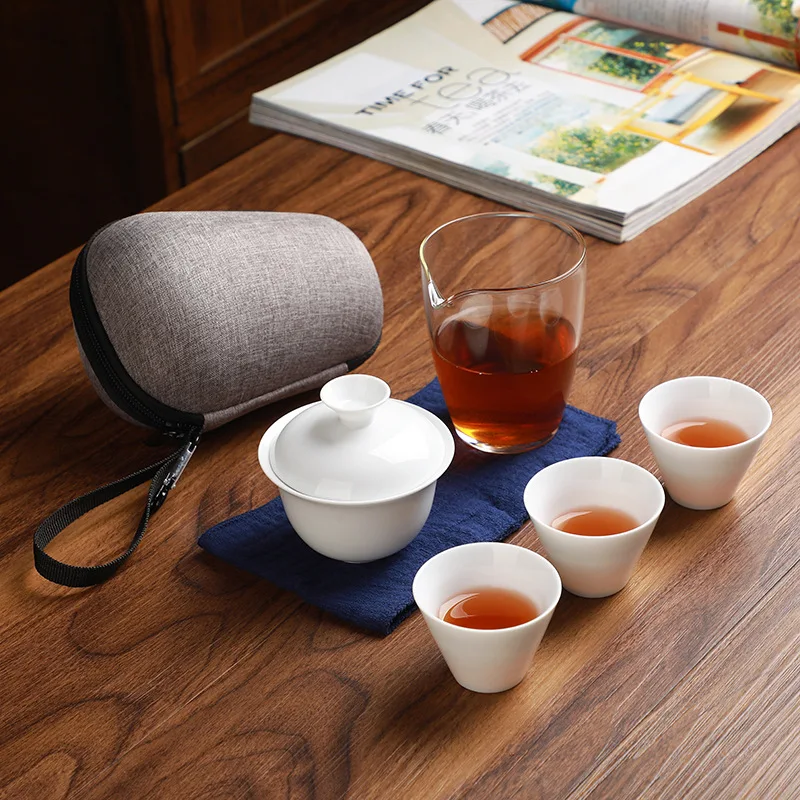 High quality Portable tea set Include 3 cups 1 GaiWan bag Chinese Travel White porcelain Kung Fu Tea Cup Free shipping B32 | Дом и сад