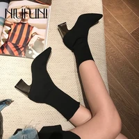 niufuni women boots pointed thick high heels socks boots knitted elastic fabric spring autumn ankle boots 2021 slim shoes boots