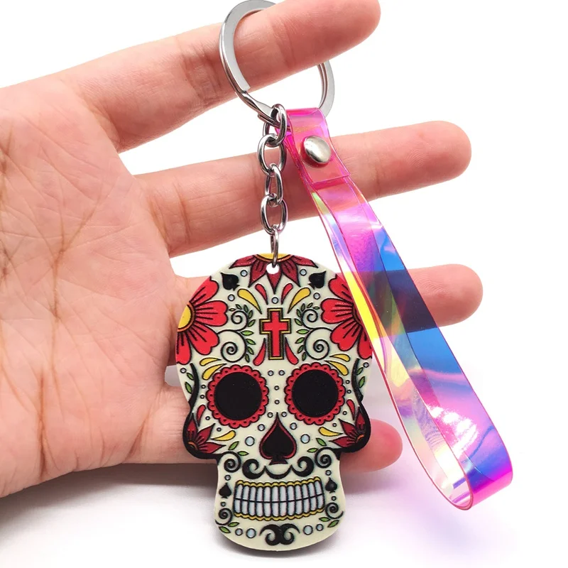 Брелоки Calavera мексиканские причудливые брелки для ключей с черепом пользовательский лазер Dazzle Rope Sugar Skull брелок сумка Шарм сладкий подарок - Цвет: K