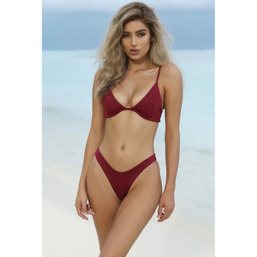Летний Пляжный сексуальный Одноцветный комплект бикини из двух предметов одежда