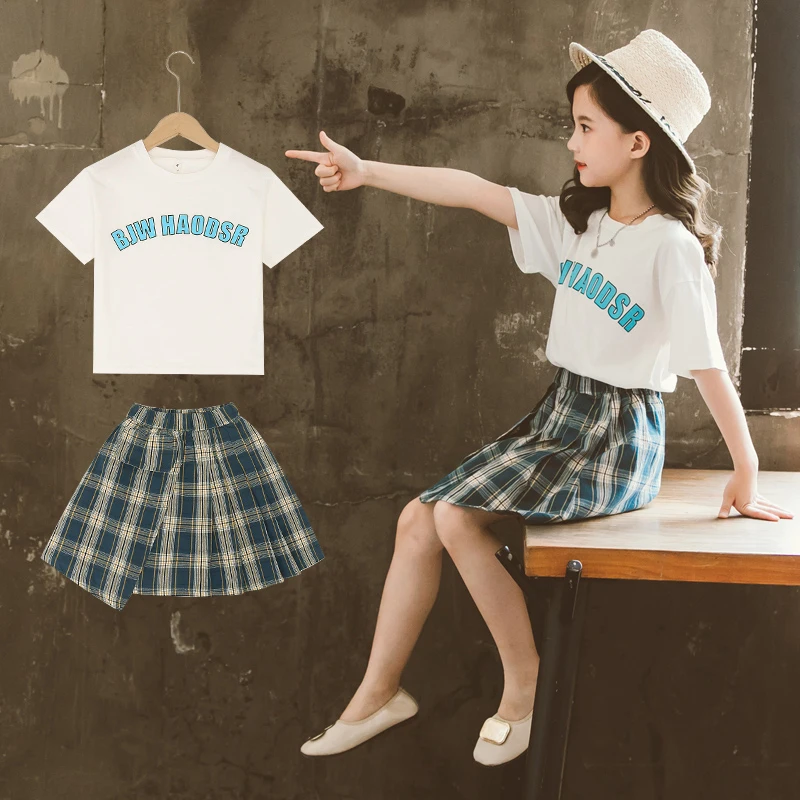 2020 Детская летняя футболка с короткими рукавами для маленьких девочек Топы + юбка