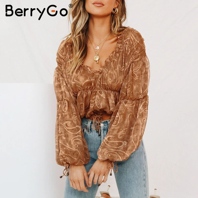 BerryGo/винтажная короткая шифоновая блузка для женщин с эластичной высокой талией