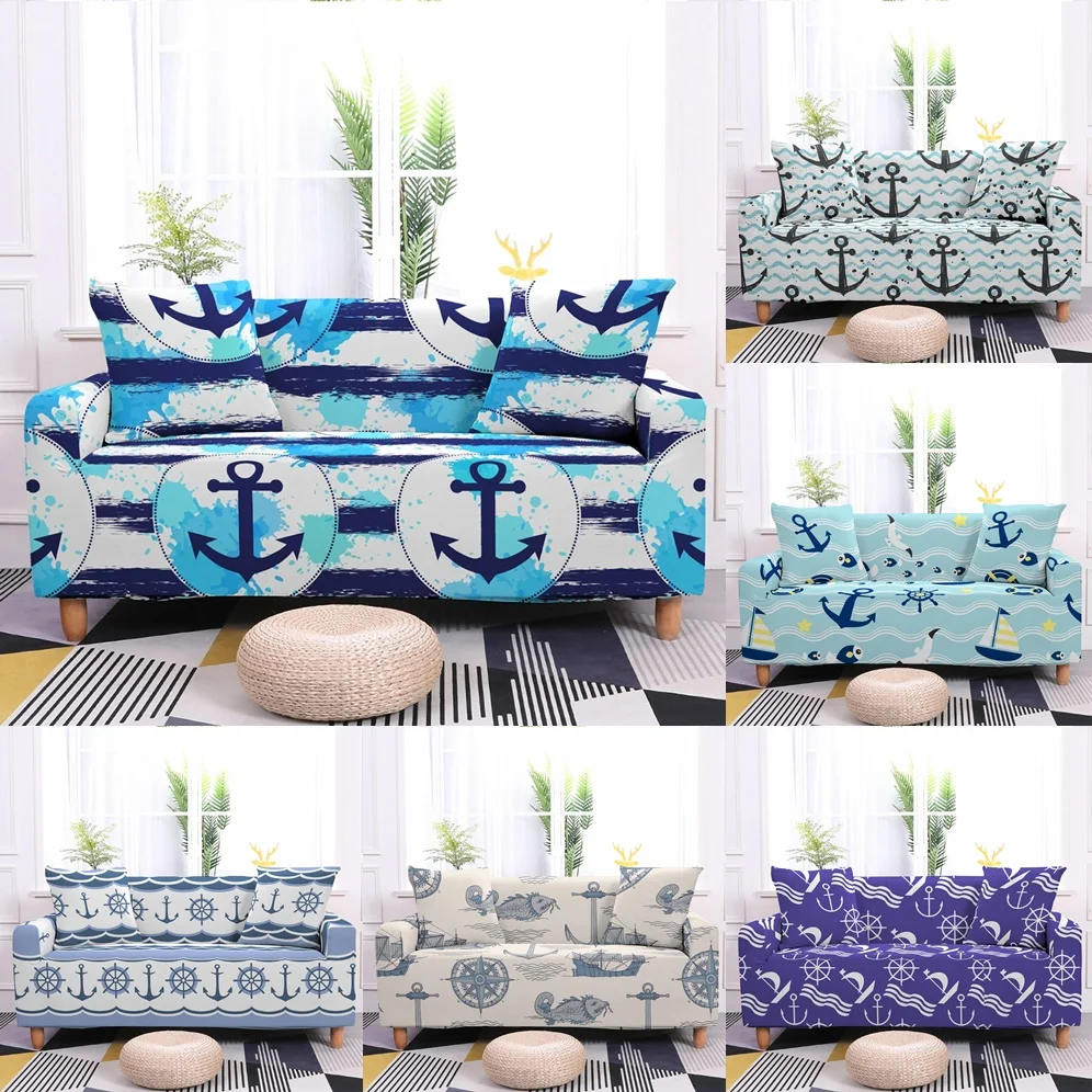 

Anchor Elastic Sofa Cover Living Room Modern Watercolor Sailing Compass Slipcover Waves Couch Covers Chair Protector 1/2/3/4Seat