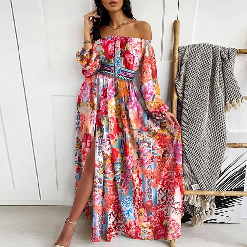 Женское платье макси с открытыми плечами длинным рукавом и цветочным