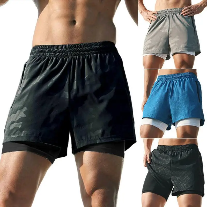 

Mens Sports Workout 2 in 1 Shorts Gym Athletic Fitness Jogger Jogging Short Pants