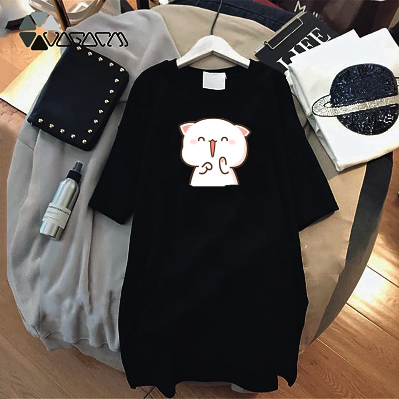 

Summer Tshirt Dress Kawaii Cartoon Cat Print Casual Streetwear Black Short Sleeeve Plus Size Party Mini Vestidos