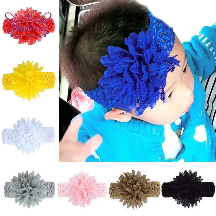 

Nishine 6pcs/lot Solid Color Crochet Elastic Headband Handmade Fabric Floral Hairband Chiffon Flower Headwear Baby Accessories