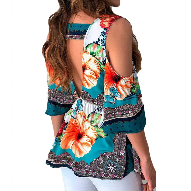 2020 Летняя женская Свободная Повседневная рубашка с v-образным вырезом Бохо