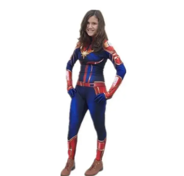 

Adult Women Captain Cosplay Costume Kid Girl Superhero Cosplay Halloween Ms Carol Danvers Jumpsuit Bodysuit
