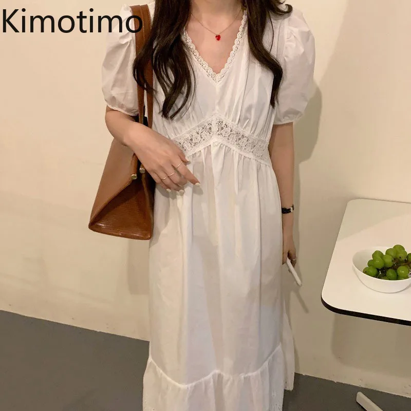 

Белое платье Kimotimo в Корейском стиле с V-образным вырезом, кружевное платье в стиле пэчворк с пышными рукавами, нежное элегантное модное мило...