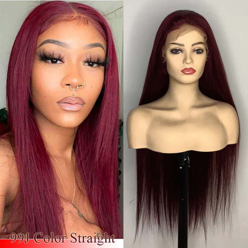 

99J Color Burgundy Straight T Part & 13X4 Lace Front Colored Human Hair Wig perruque cheveux humain Pelucas perruques dentelle