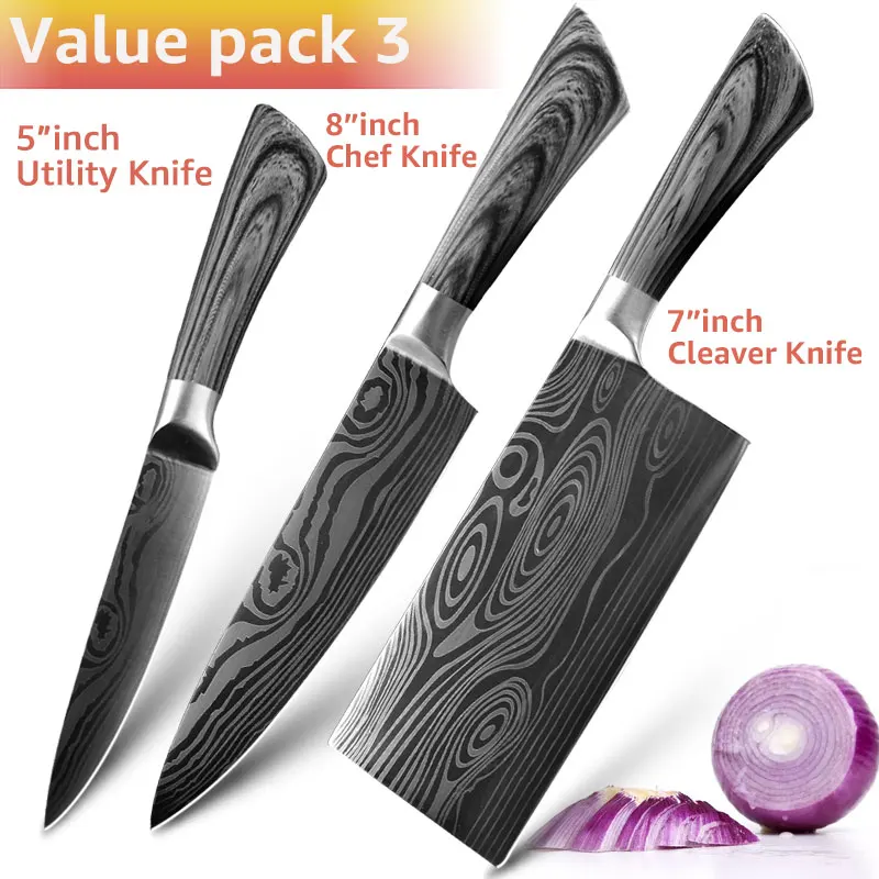 

Kitchen Knife 5 7 8 inch Chef Japanese Knives Set 7CR70 440C Meat Cleaver Santoku utility Laser Damacuse Pattern Cooking Set