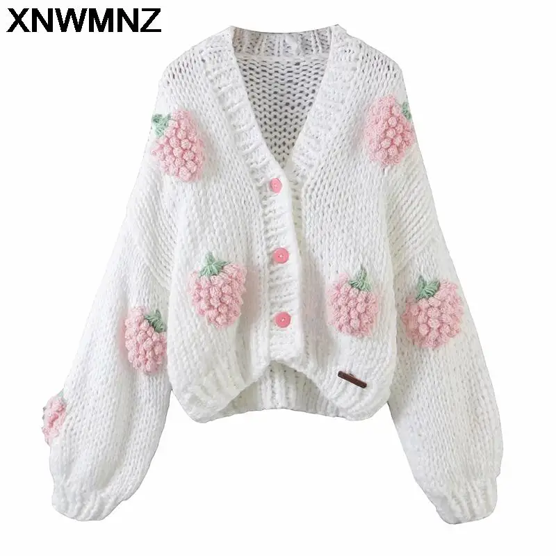 

XNWMNZ женский 2021 новый модный многоцветный ручной вязки кардиган свитер винтажный V-образный вырез Пышный рукав женская верхняя одежда шикар...