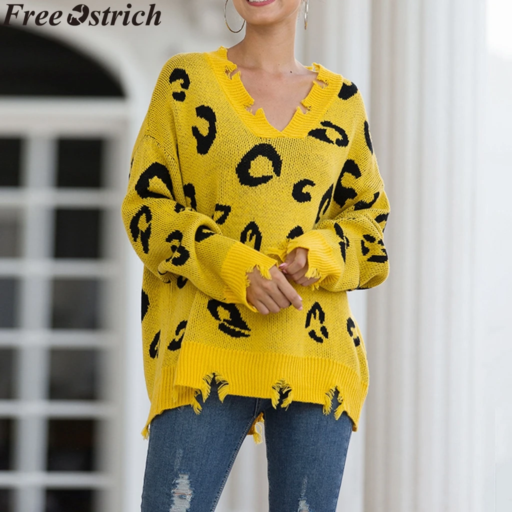 Фото Женский свободный свитер с леопардовым принтом модный легкий пуловер v-образным