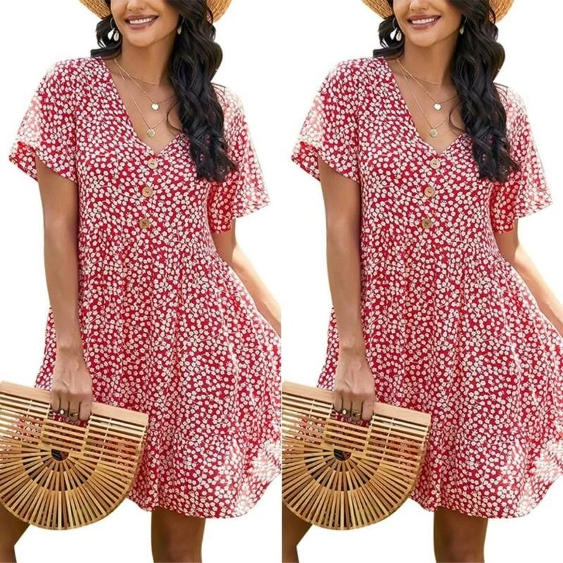 

Vicavo Boho Sundress Women Summer Floral Print Short Sleeve V Neck Mini Dresses Holiday Sweet Beach Pink Color Casual Robe