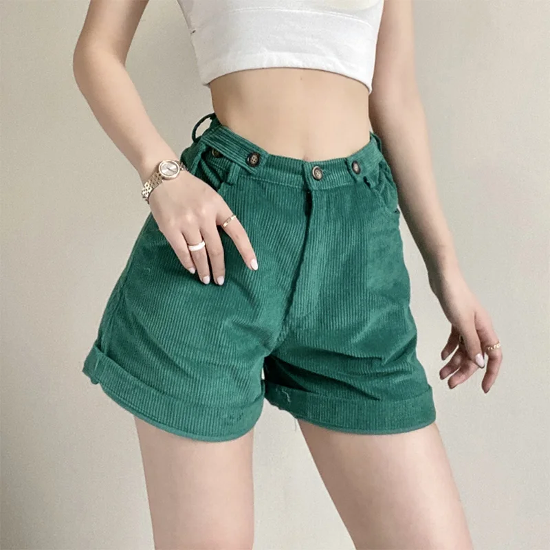 

BRADELY MICHELLE New Arrival Adjustable Waist Circumference Corduroy Shorts Dark Green Vintage Loose Straight-leg Pants