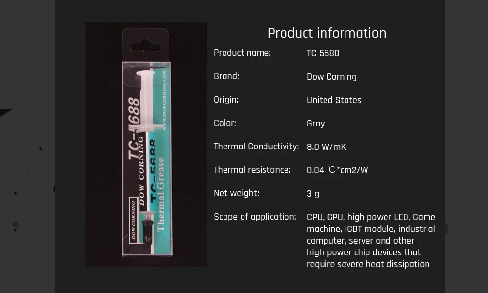 Dow Corning TC-5688 8,0 W/mK термопаста термальная ly проводящая смесь для видеокарты Cpu GPU смазка 3g