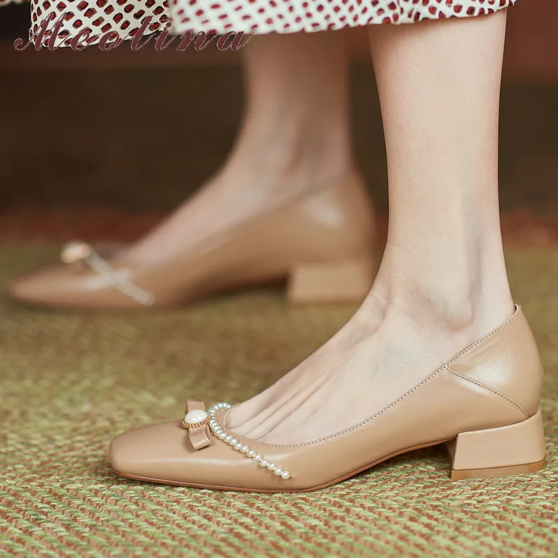 

Туфли-лодочки Meotina женские из натуральной кожи, элегантная обувь на квадратном каблуке средней высоты, с жемчугом и бантом, классические бот...