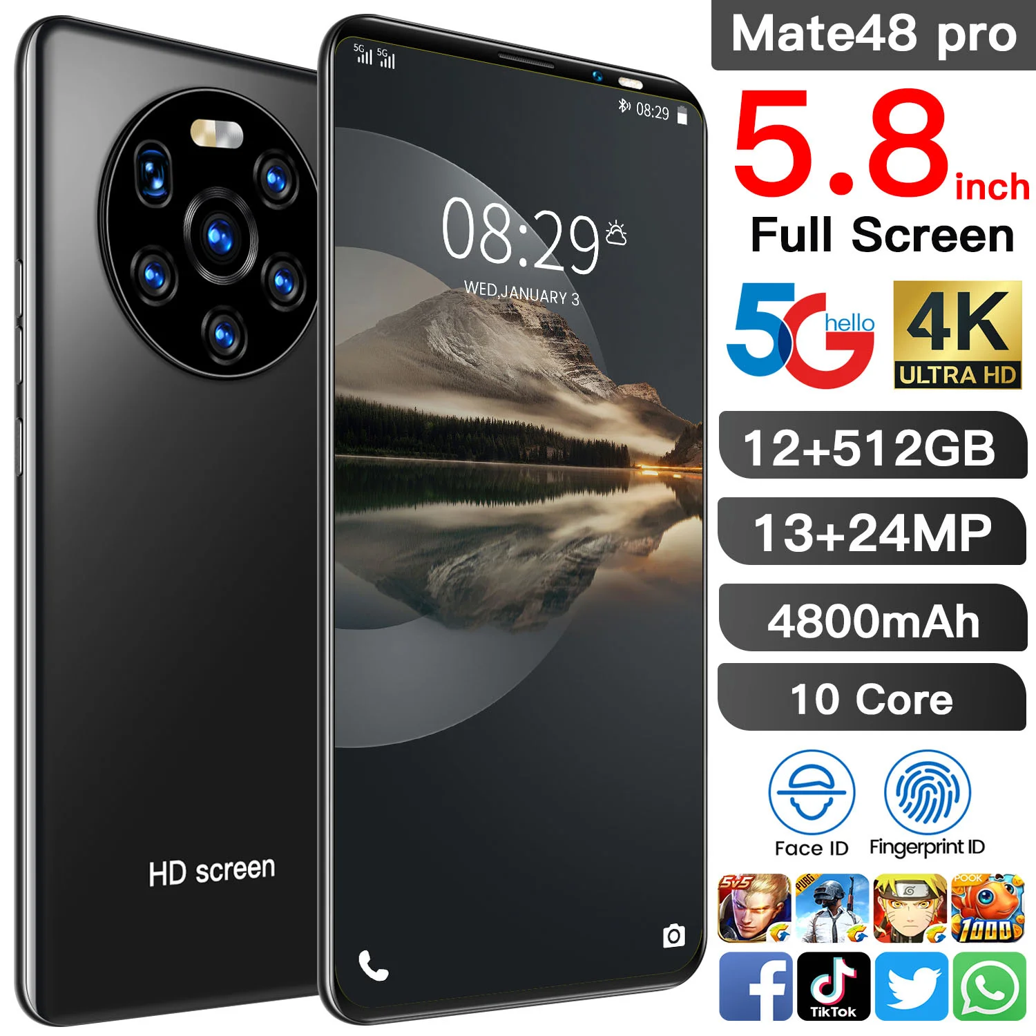 

New Mate48 Pro 12G + 512G Android Smart Games 5G ten core 4800 mah large memory high pixel battery face recognition phone