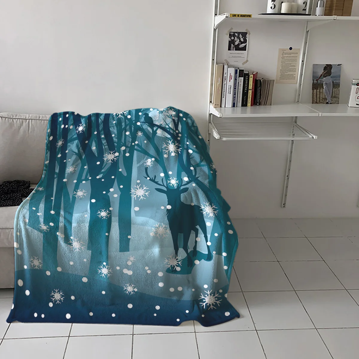 Лось Снежинка лес силуэт синее рождественское покрывало Забавный принт мягкий