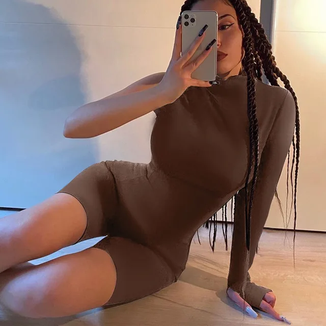One Shoulder Long Sleeve Bodycon Playsuits Women Sporty Workout Casual Solid Skinny Brown Rompers Fashion Active Wear Autumn New 1