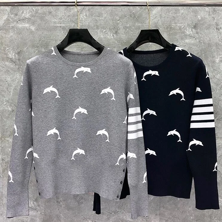 

2022 TB Fashion Brand Sweaters Men Women Slim Fit O-Neck Pullovers Clothing Striped Wool Dolphin Pattern Winter Casual Coat