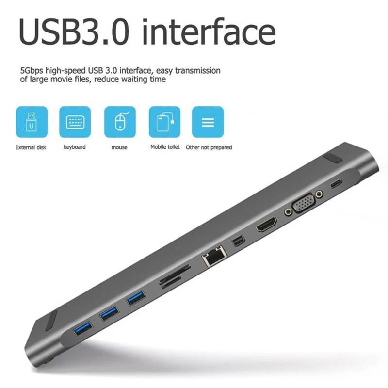 Серебристый Горячая Распродажа алюминиевый 11 в 1 usb-хаб тип-c к RJ45 USB3.0 TF HDMI VGA Mini-dp адаптер USB разветвитель 1105# E - Цвет: Серебристый