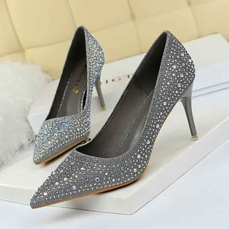 

2021 Spring Women Sexy Glitter Crystal High Heels Pump Pink Black Bridal Wedding Queen Cinderella Fetish Party Shoe