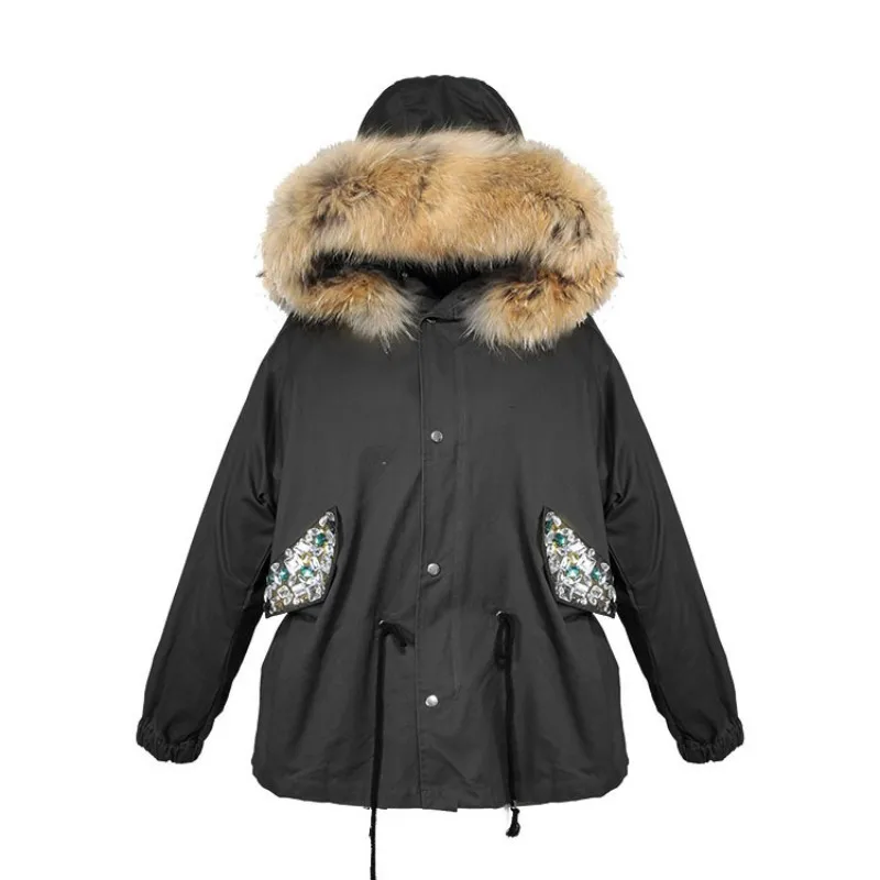 

Women Winter Raccoon Fur Collar Detachable Parka Two Piece Female Casual Warm Long Sleeve Zip Diamond Hooded Cotton Jacket