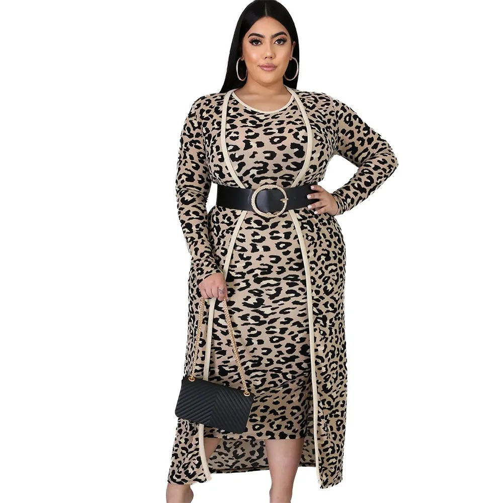 

Adogirl Plus Size Women Leopard Print Two Pieces Set Long Sleeve Cardigan And Mid Calf Vest Dress Suit Casual Tracksuits Outfits