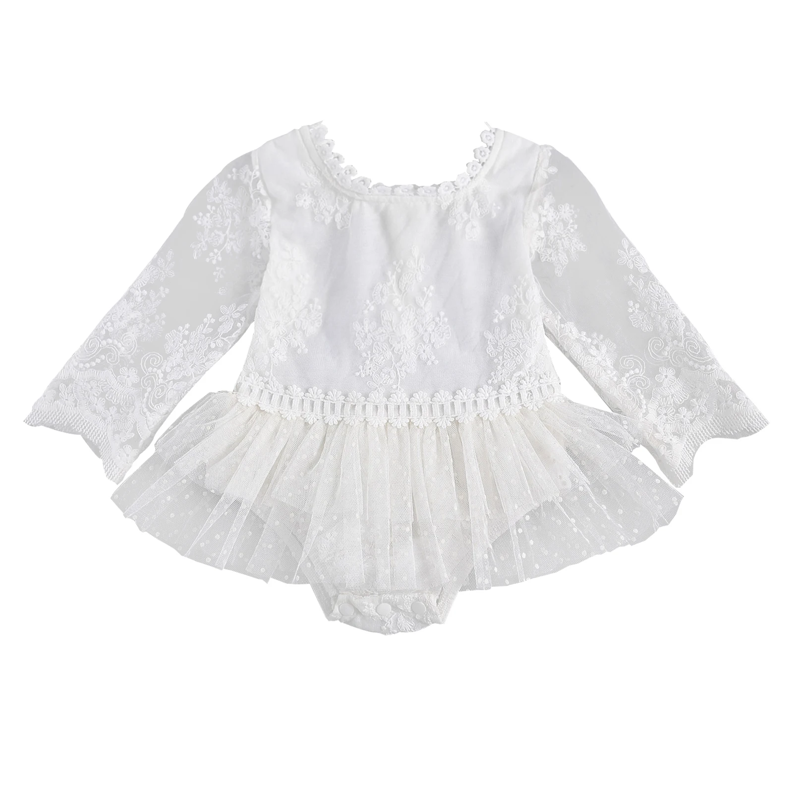 

Newborn Baby Girls Romper Children's Lace Hem Perspective Embroidery Buttons Long Sleeve Crew Neck Garment for Infants