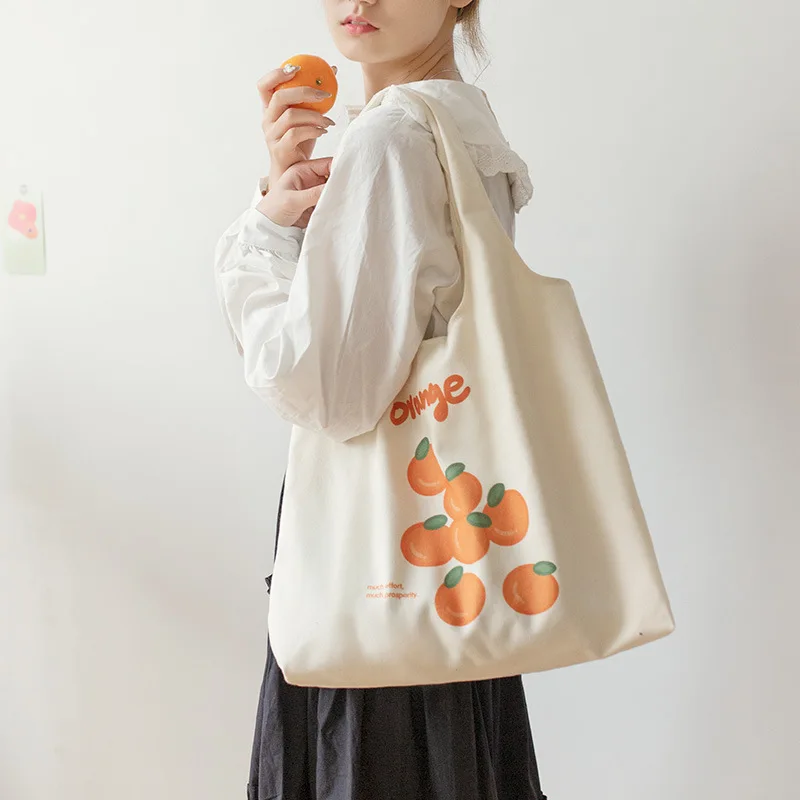 

Women's Canvas Bag Lovely Fruit Print Orange Large Volume Shoulder Bag Artsy Preppy Style Cute Side Shopping Bag