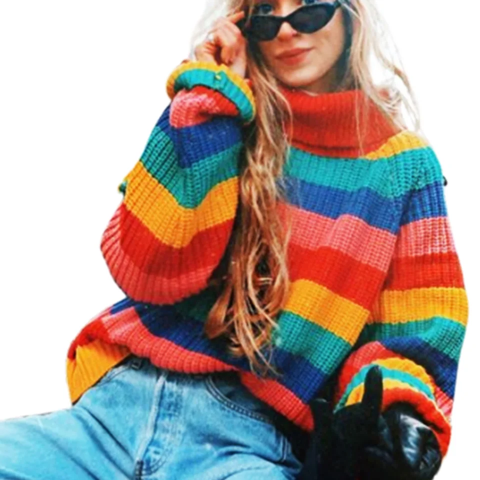 Радуга Полосатый В Полоску Свитер Грубый Вязаный Полувер Водолазка Пыхтеть