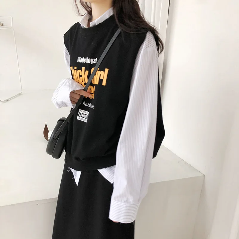 

Letter Printing Contrast Color Sweater Vest and High Waist Skirt Two-piece Women Two Piece Set Loose Female Fall Casual Suits