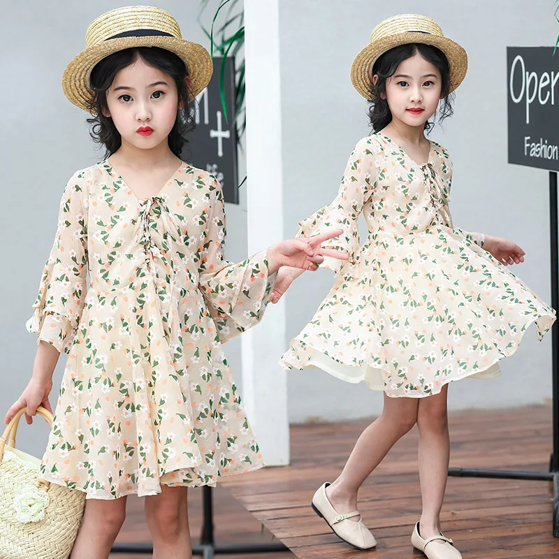 

Girls chiffon dress 2021 new summer dress mid-length beach children's big children's floral skirt