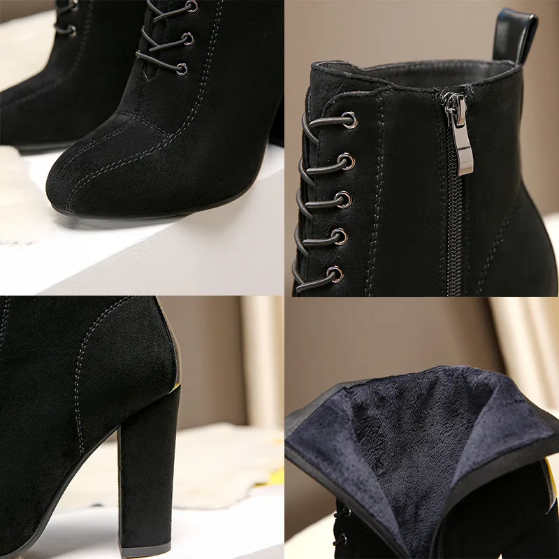 

New Women Boots 2020 Autumn And Winter Flock Round Toe Square Heel Side Zipper Ankle Boots For Women Super High (8cm-up) Rubber