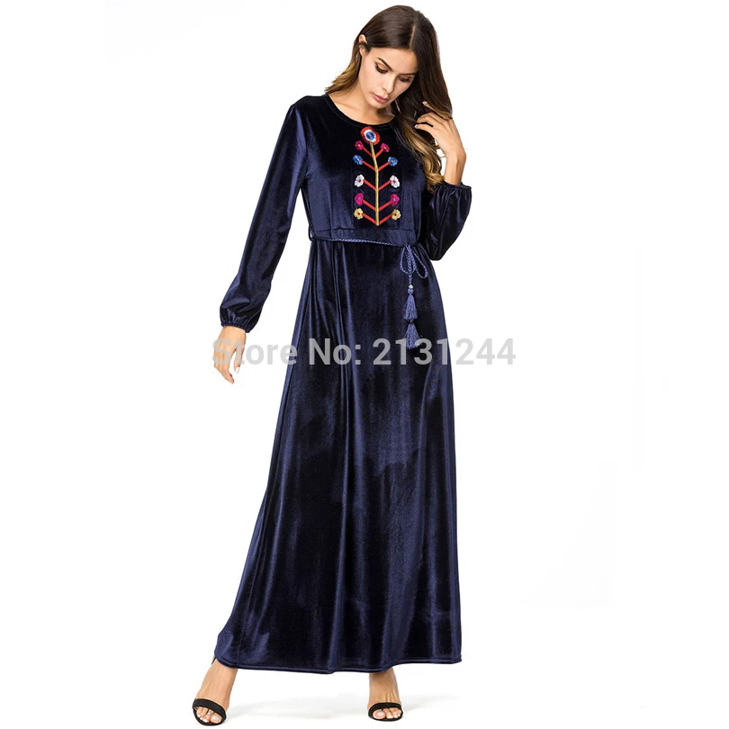 Элегантное макси платье Абая бархат вышивка цветок зима мусульманский длинный