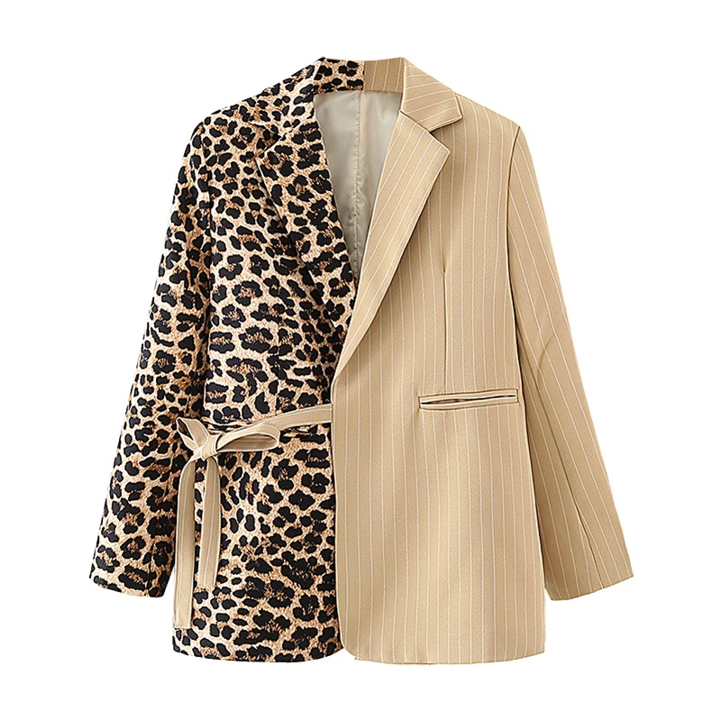 

Streetwear Women Brown Striped Leopard Jacket 2021 Fashion Ladies Sashes Blazers Vintage Female Chic Notched Collar Coats