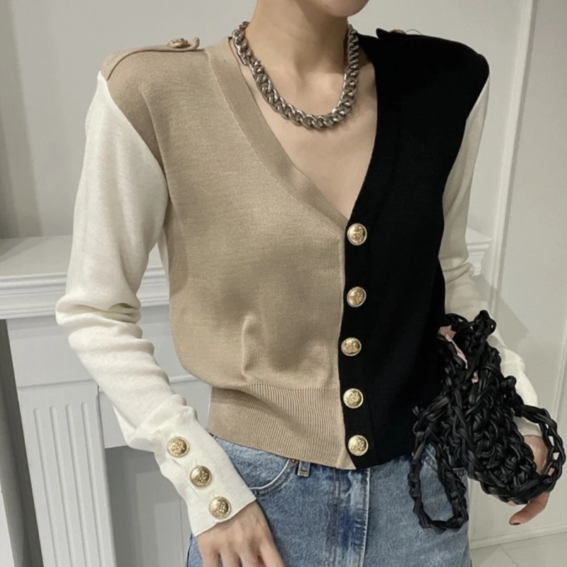 

Hit Color Patchwork Cardigans Women Elegant V-neck Long Sleeve Single Breasted Short Knitted Sweater Cardigan Crop Top