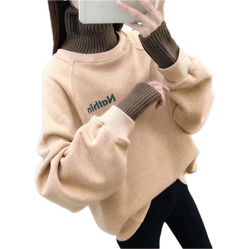 Женский свитшот с круглым вырезом Свободный пуловер высоким воротником и