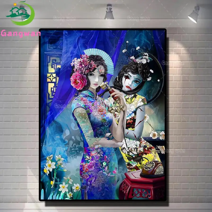 

full square round 5d diy diamond painting terror woman diamond embroidery sale Tattoo, cheongsam flower girl mosaic cross stitch